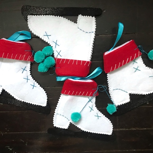 Handmade Pair of Felted Ice Skates Pom Pom Laces Sparkle Blades Winter Decor - Picture 8 of 8